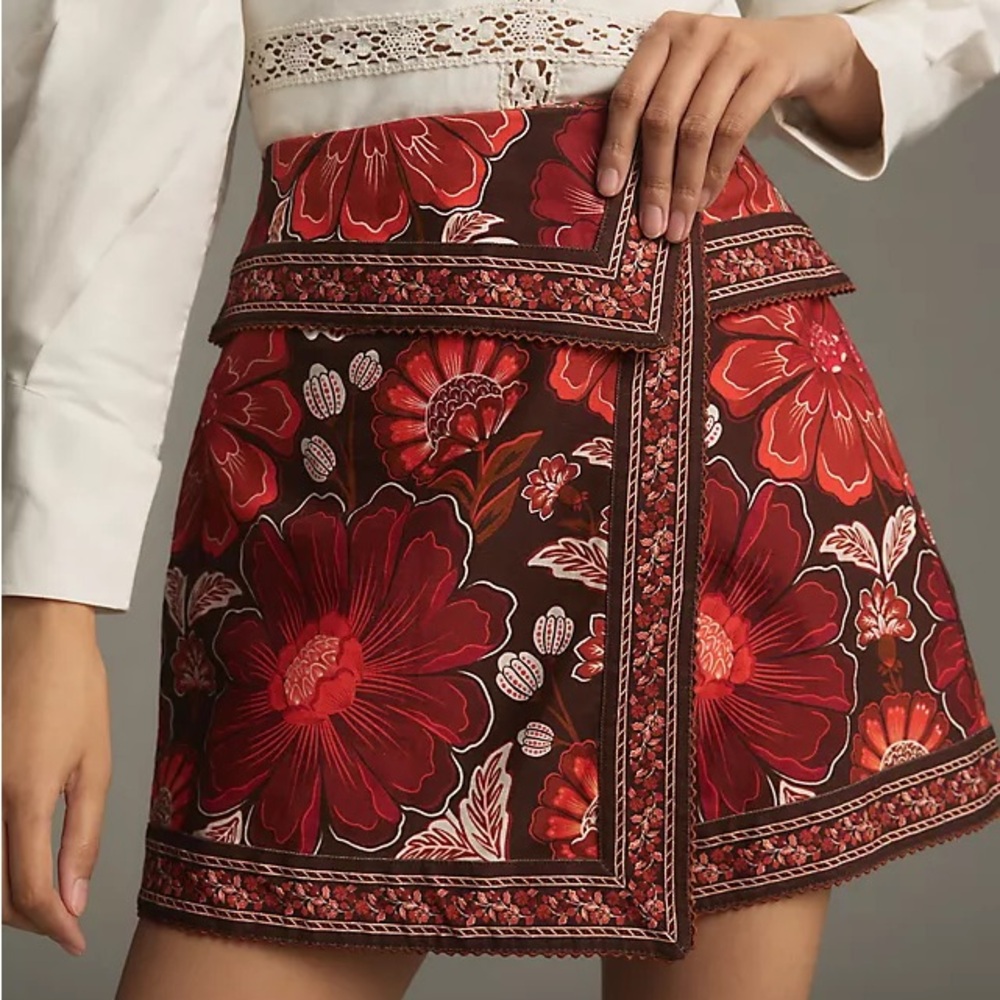 FARM Rio Red Floral Wrap Mini Skirt with Brown Base